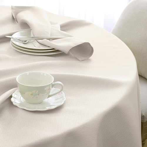 Softalker Nappe Beige Ronde 160 cm Diamètre Beige Jacquard Géométrique Anti Tache Déperlante Nappes Extérieur Protection de Table pour Jardin Mariage Anniversaire Fête Salon Picnic 4 à 6 Places