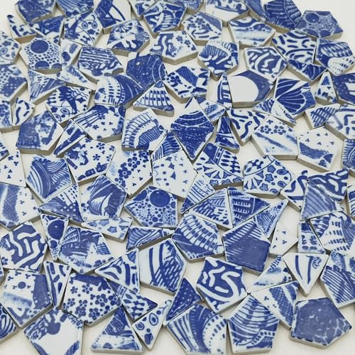 500g Broken Ceramic Porcelain Mosaic Tiles for Crafts, Irregular Blue and White Porcelain Mosaic Pieces for DIY Vase Mosaic Projects (Medium 2)