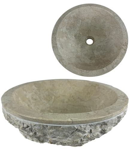 Lendo Online Waschbecken rund 40x40x15 cm Marmor - Naturstein - Flussstein - Waschtisch für Badezimmer - Aufsatzwaschbecken - Handwaschbecken (Creme)