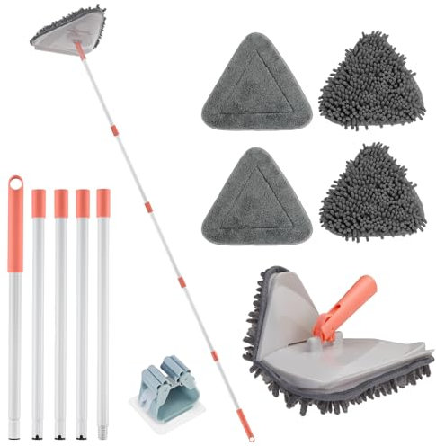 Wall Cleaner Triangle Mop with 82'' Long Handle - Wall Scrubber, Cleaning Washer Tool with 4 Microfiber Chenille Duster Pads for Clean Walls, Ceiling, Windows, Floors, Baseboards, Grey