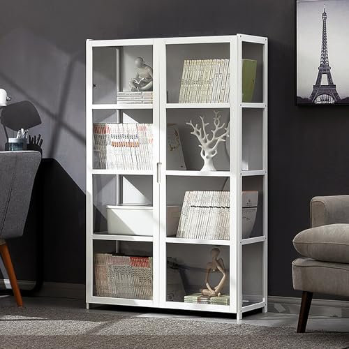 Pounjsd bücherregal glastüren, vitrine Weiß 82×33×130cm, Vitrinenschrank Eckvitrine Glasvitrine Standvitrine, Stehend Sammlervitrine, glasvitrine vitrine, Curio-Schrank, Doppeltür