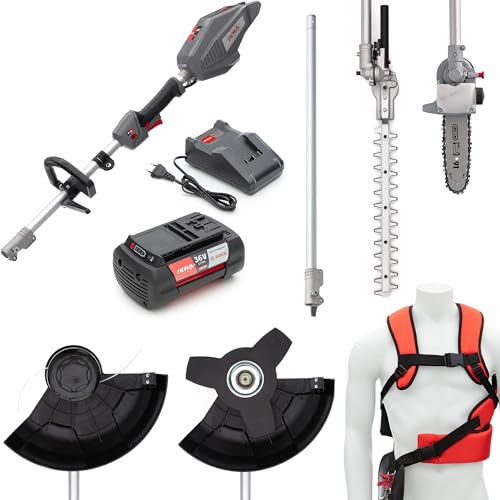 IKRA 4in1 Gartenwerkzeug Multitool IB-MT 36, inkl 36V 4Ah Akku & Ladegerät | Kompatibel mit Bosch, 4 Geräte in Einem: Freischneider, Rasentrimmer, Heckenschere & Hochentaster, inkl umfangreiches Zubehör