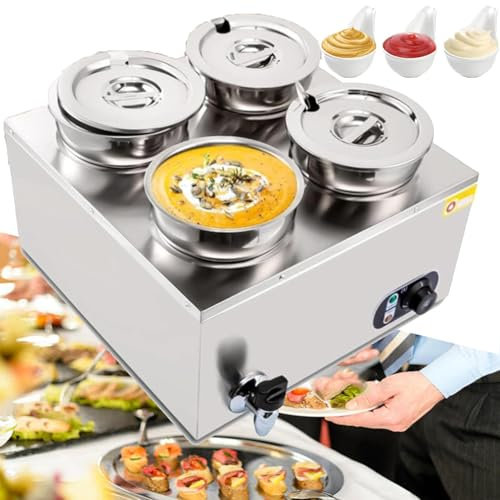 YANGYMM Commercial Bain Marie, 4 * 7L Electric Soup Warmer, 1500W Stainless Steel Electric Food Warmer Temperature Control with Lids, Drain Tap, for Restaurant, Kitchen, Canteen