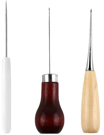 3er Set Locher mit Holzgriff,Prickelnadel Set Kinder,DIY Lederhandwerk Nähen Ahle,Gebogene Ahle zum Nähen und Reparieren von Leder, Canvas, Papier und Stoff,Praktisches Nähwerkzeug mit Holzgriff