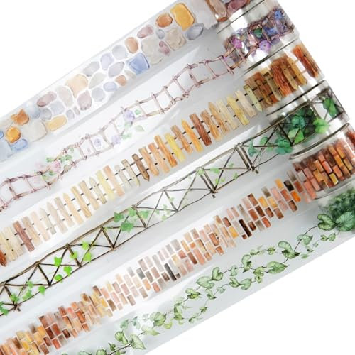 MiyouLuna 6 Rolls Garden Path PET Scrapbook Tapes, Landscaping Tape with Fence, Vines, Brick & Ladder Designs for Journaling & Scrapbook Supplies, Includes Decorative Clip