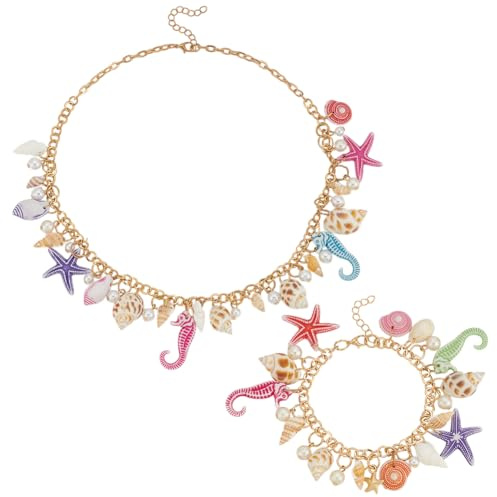 PH PandaHall 2pcs Shell Necklace Bracelet Set, Conch Starfish Jewellery Ocean Beach Statement Necklace Bracelet Mermaid Costume Accessories Chunk Jewellery for Women Summer Halloween Party, Golden