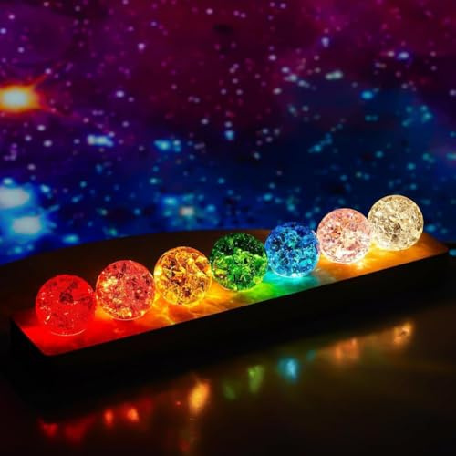 7 Core Memories Light with Ice Cracked Crystal Balls - 3D Night Lamp, 40mm Healing Sphere, 7 Chakra Stand, and USB Decorative (7 Colors)