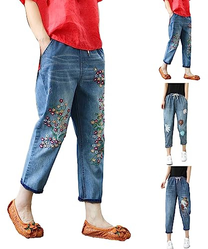 Pantalones pirata para mujer, pantalones pirata de verano elásticos, pantalones de verano de pierna recta, pantalones largos de tres cuartos, pantalones harén vintage con bordados Boyfriend-Jeans