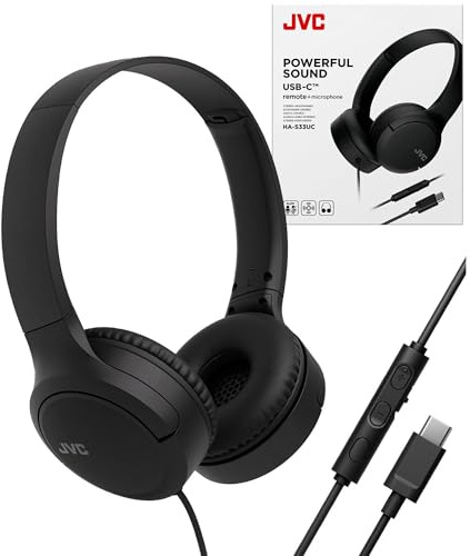 JVC Cuffie over-ear con cavo USB-C con microfono – Comodi padiglioni, chiamate chiare, audio bilanciato – pieghevoli, leggere, anti-groviglio, ideali per lavoro, studio, viaggi