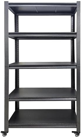Coolpleasant 5 Etagen Garagenregale aus Metall, 175kg Schwarzes Schwerlastregal,Höhenverstellbarer Regal-Organizer mit Rollen für Wäscherei,Speisekammer,Wohnzimmer(Size:90x40x183cm)