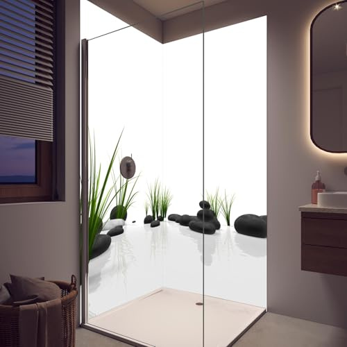 Duschrückwand Ruhiges Steine Gefilde mit Gras und Wasser - Wandverkleidung für Dusche aus ALU Glanz 0,3 cm - fugenlos & wasserfest - einfache Montage - Rückwand Dusche 100 x 210 cm - RUECKWAND24