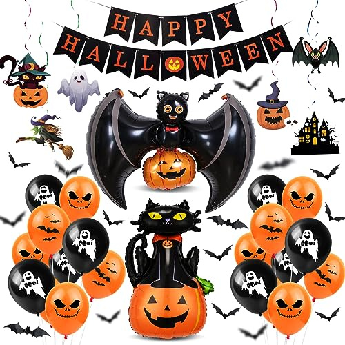 HUKUMA Halloween Palloncino Decorazione Set,kit Palloncini Feste,Happy Halloween Banner Ghirlande Decorazioni Casa,Palloncino Foil Zucca,Fantasmi Palloncini per halloween Addobbi