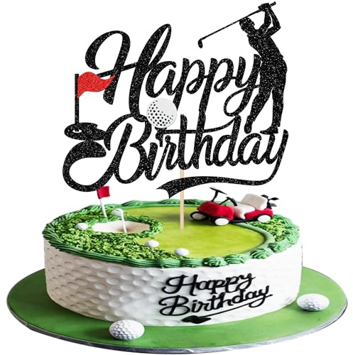 SYKYCTCY 1 Pack Golf Happy Birthday Cake Topper Glitter Golf Ball Player Cake Pick Golf Birthday Decorations for Sports Theme Baby Shower Kids Players Birthday Party Cake Decorations Supplies Black