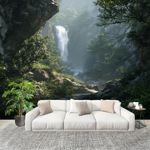 Fotográfico 3D HD No Tejido Paisaje De Cascada Del Valle ExtraíBle Papel Pintado Fotomural 200×140 cm Verde Resistente al agua y a las manchas Fácil Instalación Murales Panorámicos