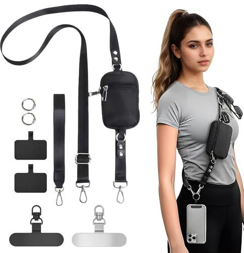 MENUY Einstellbares Handy Band zum Umhängen, Handykette Breit mit Handytasche, Universelles Band für Handyhülle, mit 4 Patches, Kurzem Armband und Abnehmbarer Tasche, Schwarz