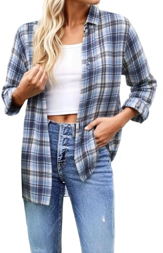 Costume 2026 pour femme - Chemise boutonnée décontractée à carreaux pour femme - Manches longues - Ouvert sur le devant - Chemisier d'hiver - Vêtement quotidien avec jean - Basique confortable