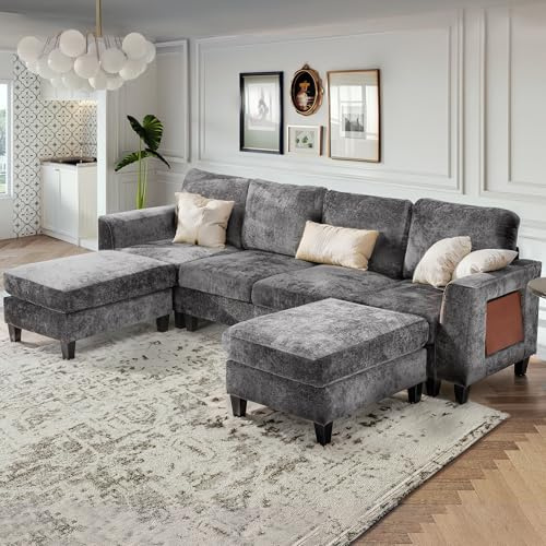 COLAMY 118 Modular Sectional Cloud Couch, Midcentury Modern 4-Seat U-Shaped Sofa, with USB Type C Ports, Foldable Side Table and 2 Ottomans, for Home Living Room, Grey