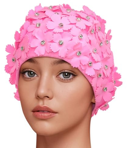 Medifier Dam, retro, blommig strass, badmössa, rosa, en storlek