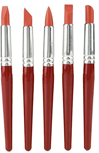 5 Stück Silikonpinsel mit Großer Gummispitze, Gummipinsel Silikon Stift zum Formen für Keramik Skulptur, Holzgriff, Rot