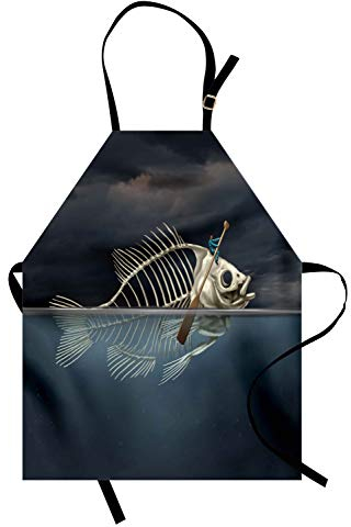 ABAKUHAUS Surrealistisch KochKochschürze, Mann mit Fisch-Skelett in der Seekajak-Lebensstil-Klima-Illustration, Höhenverstellbar Klare Farben ohne verblassen, Blau Grau