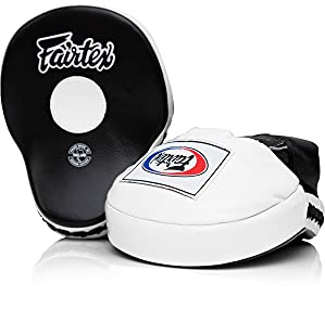 Fairtex FMV9 Contoured Focus Mitts |Striking Accuracy & Protection for Boxing, Muay Thai, Kickboxing |Ergonomic Design, Soft Padding, Secure Fit Leather -(Black/White)