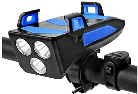 Luci Bicicletta LED, Luce Bici MTB Accessori Bici Luci Ricaricabili USB, 4 in 1 Impermeabile Luci per Bicicletta con Clacson, Porta Cellulare Bici, 4000mAh Power Bank con 3 modalità di Llluminazione