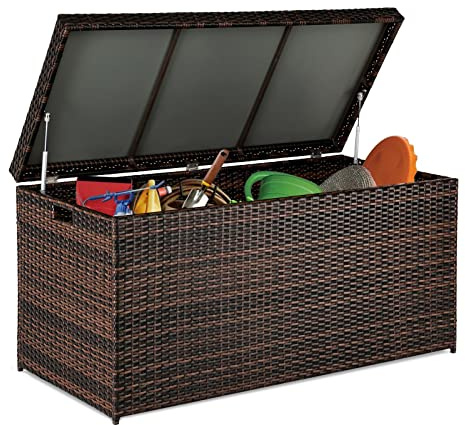VINGLI Upgraded Version 132 Gallon Outdoor Storage Box, Patio Rattan Deck Box, Wicker Storage Bench for Indoor, Outdoor, Pool, Balcony, Yard, Garden, Brown
