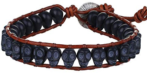 KELITCH Leder Wickelarmbänder Weiß Türkis Totenkopf Armbänder Handgefertigt Türkis Armbänder Armreif