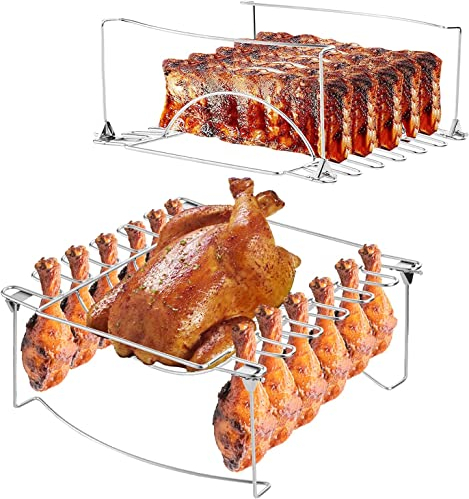 3-in-1 Rib Rack for Smoking & Chicken Leg Rack for Grill - Holds 6 Large Ribs, 12 Chicken Leg Wing, 1 Whole Chicken - Premium Foldable Space-Saving Chicken Drumstick Rib Racks for Grilling & Smoking