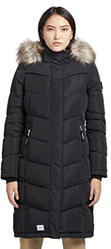 khujo LUBECK LONG5 - Abrigo para mujer, largo hasta la rodilla, cálido, acolchado, capucha, piel sintética, cremallera bidireccional, Negro , L