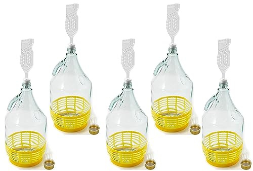 WYSKONT Bottiglia da damigiana a collo stretto con tappo a vite, cestello protettivo, camera d'equilibrio e tappo per vinificazione, fermentazione, conservazione di bevande, vetro trasparente, 5 x 5 l