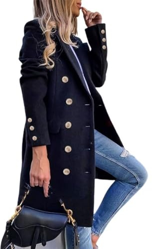 Womens Fall Winter Wool Coats Double Breasted Peacoat Trench Coats Navy XL