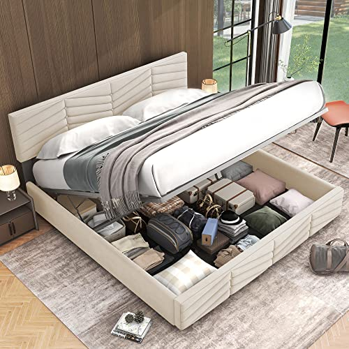 Merax Polsterbett 180 x 200cm, Hydraulisch Doppelbett mit Lattenrost & Bettkasten, Funktionsbett mit Verstellbares Kopfteil, Samt Continentalbett, Streifen-Stil, Jugendbett, ohne Matratze, Beige