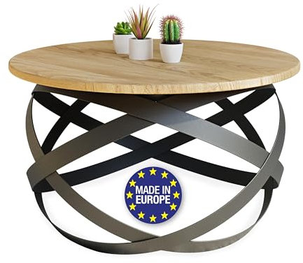 Lumarc Firenze, Couchtisch aus Massivholz Eiche und Stahl, Handgefertigt in Europa, Beistelltisch, Wohnzimmertisch, Coffee Table, Schwarz, Rund, Ø65x40 cm