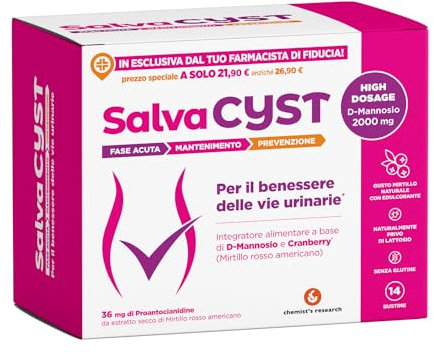 CHEMIST’S RESEARCH SALVACYST | Integratore Alimentare Sostiene il Benessere delle Vie Urinarie in Fase Acuta, Mantenimento e Prevenzione | 14 Bustine Gusto Mirtillo Senza Glutine, Privo di Lattosio