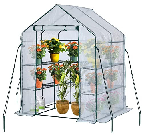JUNGLE STONE Walk In Greenhouse With 10 Shelves, Reinforced PE Plastic Cover With Sturdy Steel Frame, Greenhouse/Plant Nursery for Gardens, Patios or Spaces Size, Easy to Assemble