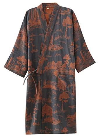 OWLONLINE Men's Japanese Style Pajamas Gauze Cotton Japanese Kimono Robe Size XL A1