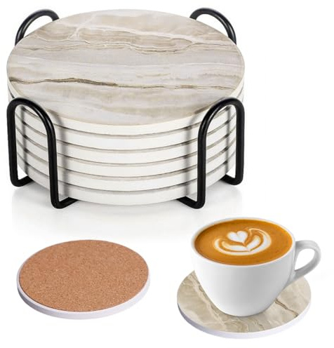Tissting 6 Pcs Untersetzer, 10cm Runde Marmor Glasuntersetzer Keramik Untersetzer Set mit Halter, Saugfähig Korkboden Hitzebeständige Deko Tischuntersetzer für Getränke Kaffeetassen