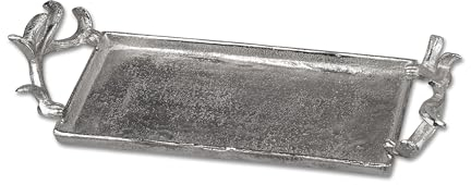 Formano Aluminium Tablett 38 x 14cm Eckig mit Geweih-Griff Silber Serviertablett Deko-Schale Weihnachten Hirschgeweih Design Wohnzimmer Küche Bar Landhausstil