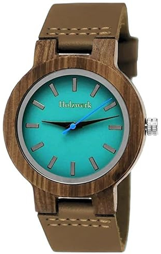 Holzwerk Germany Handgefertigte Designer Damen-Uhr Öko Natur Holz-Uhr Leder Armband-Uhr Analog Klassisch Quarz-Uhr in Blau Türkis Braun