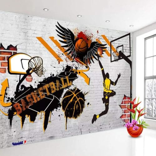 XLMING Fond D’Écran Garçons Basketball Blanc Noir Jaune Graffiti Papier Peint Chambre Salon Tv Décor Maison Papier Peint 3D Chambre à Coucher Salle de Séjour Mural Murale-200cm×140cm