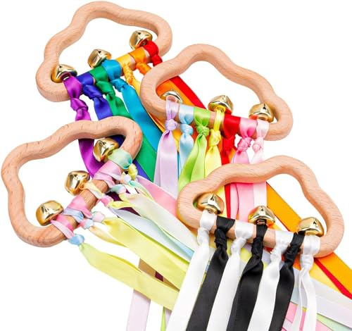 Baby Wooden Sensory Rattle Toys, Rainbow Ribbons Rattle Toy for Babies, Colourful Ribbon Cloud Ring Play Toys with Bells for Baby, Infants, Newborn, Toddlers, Boy, Girl - 4 Pieces