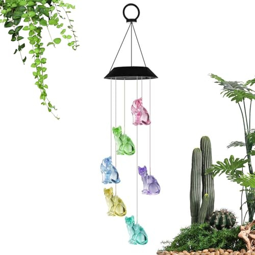 Carillon éolien à énergie solaire pour l'extérieur | Carillon éolien LED pour les amoureux des chats | Carillon décoratif pour cour | Carillon solaire de jardin avec détecteur de mouvement pour les