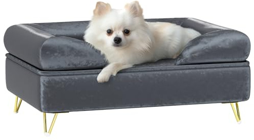 PawHut Hundsoffa, kattsoffa, metallben, holländsk sammet, soffa för husdjur, tvättbart kuddfodral, 76 x 53,5 x 34 cm, grå