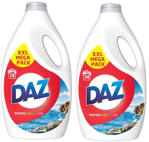 Daz Liquid Laundry Detergent 74W - Whites & Colours, Pack of 2 - Powerful cleaning, fresh scent, treats stains effectively