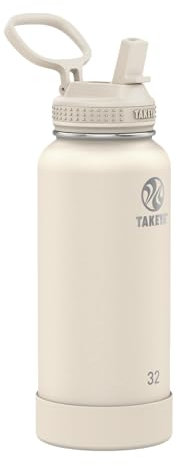 Takeya Actives Water Bottle with Straw Lid - Durable & Easy-Care Water Bottle with Stainless Steel Insulation - BPA-Free Lid with Carry Handle & Straw - Dishwasher-Safe - 32 oz, Oat Milk