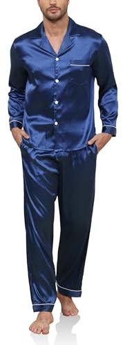 Reliwel Ensemble de Pyjama Homme Satin Pyjama en Soie pour Homme Boutonnée 2 Pièces Haut à Manches Longues et Pantalon Long Vêtements de Nuit Été Légère Détente Sleepwear