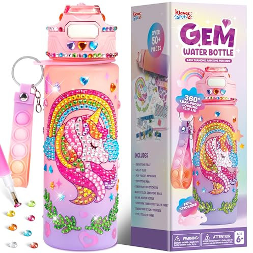 Klever Kits Decoración de botellas de agua para niños, kits de manualidades y artes para niños, kit para decorar tu propia botella de agua para niñas de 6 a 12 años, pintura de diamantes de Unicornio