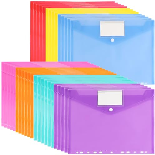 Lot de 40 porte-documents A4, 7 couleurs, avec 11 bords perforés et une poche pour étiquette, transparents, format A4, pour organiser des documents