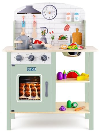 Cocina de juego de madera para niños, niños y niños, juego de cocina, juguetes de cocina con accesorio de juguete realista de 24 piezas, juguetes de comida para niños de 3 a 8 años